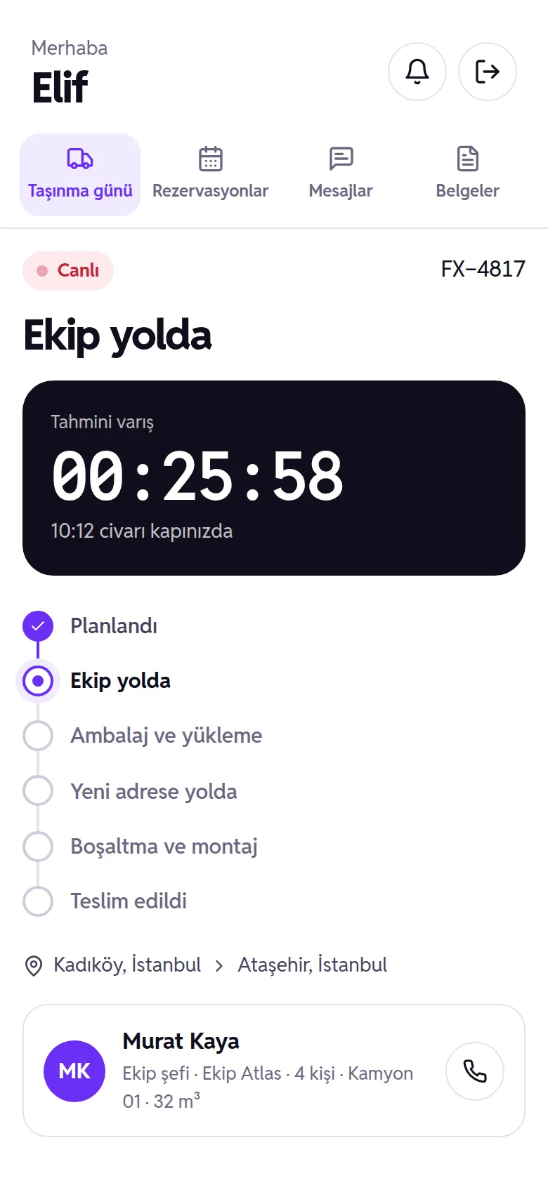 Fiksev Hesabım ekranı: taşınma günü canlı durum, ekip yolda geri sayımı